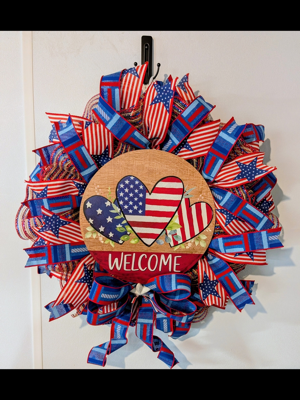 Patriotic Welcome Wreath with American Flag Hearts